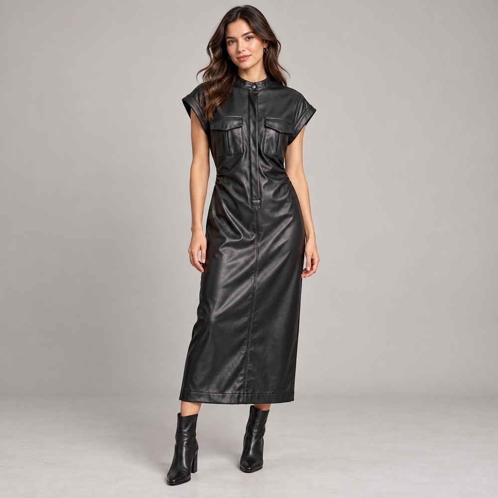 En Saison Black Faux Leather Midi Dress Mock Neck Cargo Pockets Size M NEW